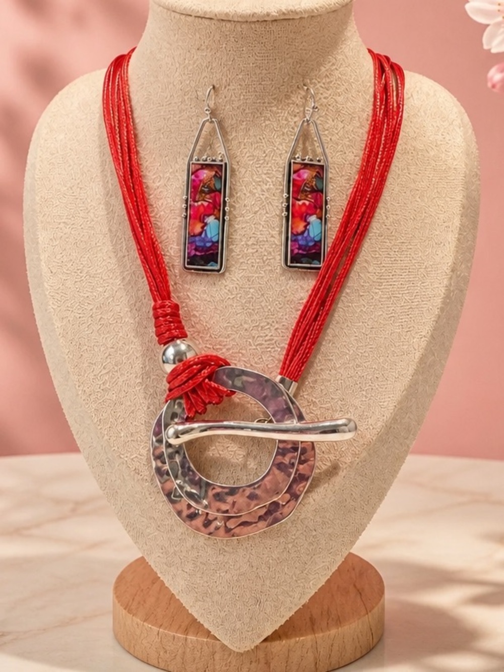 Red Multi-Stone Statement Necklace & Earrings Set